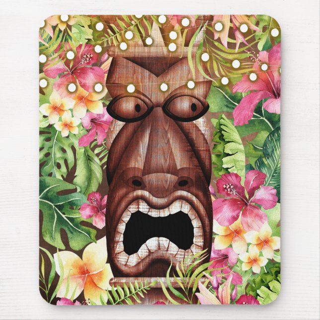 Wooden Hawaiian Tiki Luau Island Summer Floral Mouse Pad (Front)