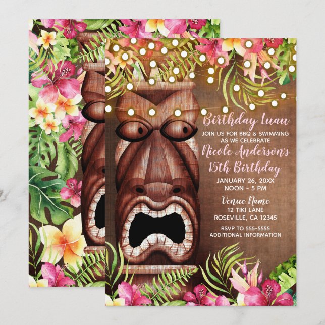 Wooden Hawaiian Tiki Luau Summer Birthday Party Invitation (Front/Back)