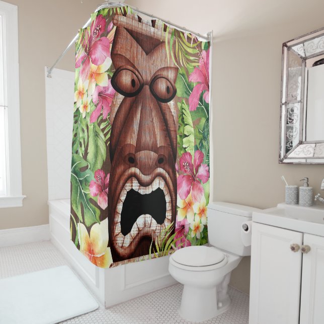 Wooden Hawaiian Tiki Luau Summer Tropical Shower Curtain (In Situ)