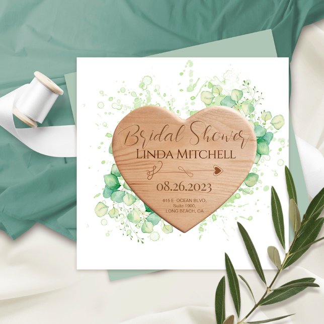 Wooden Heart Eucalyptus Rustic Bridal Shower Invitation (Creator Uploaded)