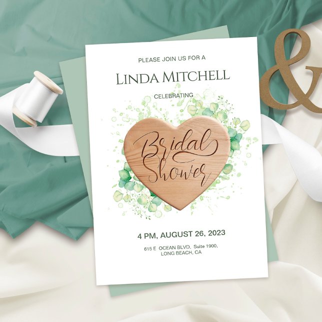 Wooden Heart Eucalyptus Rustic Bridal Shower Invitation (Creator Uploaded)