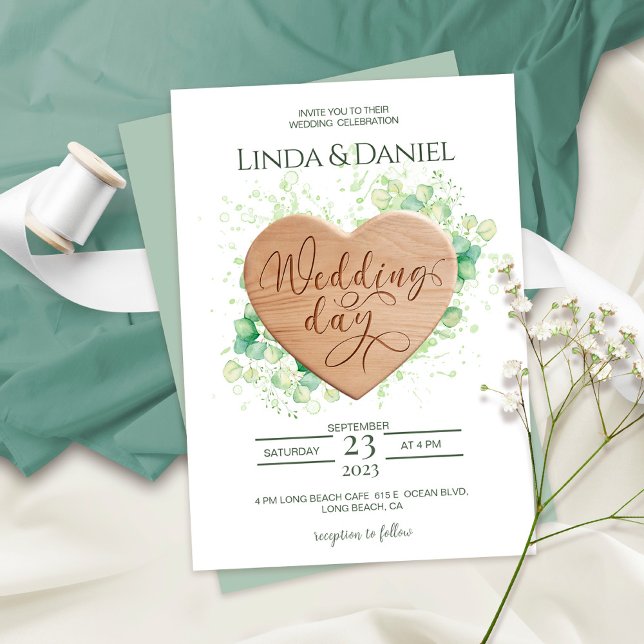 Wooden Heart Watercolor Eucalyptus Rustic Wedding Invitation (Creator Uploaded)