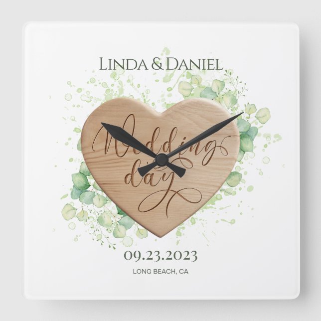 Wooden Heart Watercolor Eucalyptus Rustic Wedding Square Wall Clock (Front)