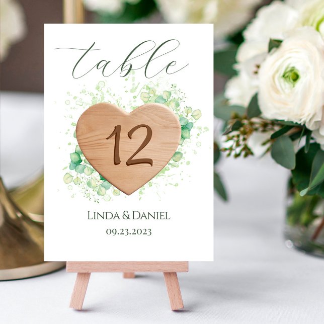 Wooden Heart Watercolor Eucalyptus Rustic Wedding  Table Number (Creator Uploaded)