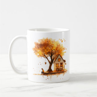 "Wooden House by Autumn Tree: Warm Country Scene" Coffee Mug