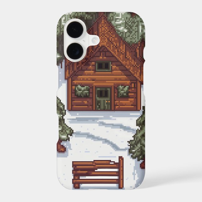 wooden house in a snowy forest pixelated  iPhone case (Back)