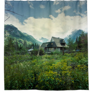 Wooden house, mountain nature scenery. shower curtain