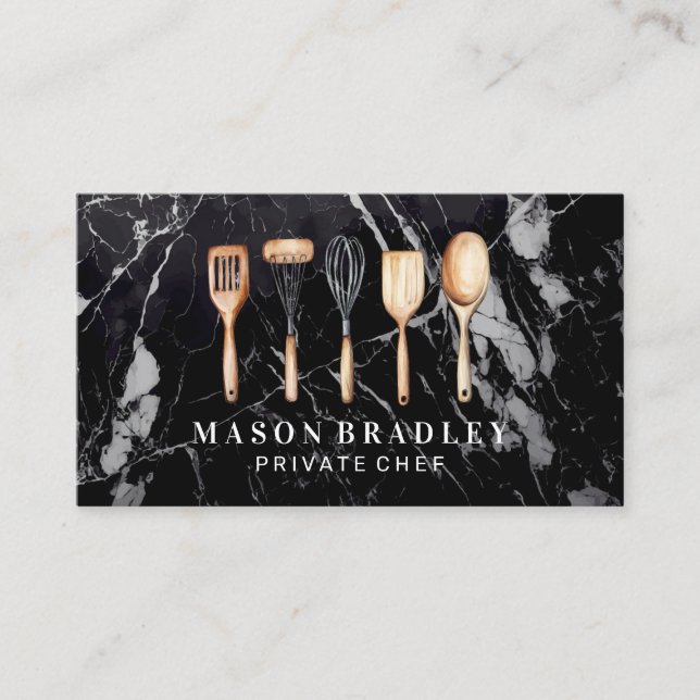 Wooden Kitchenware Illustrations | Black Marble Business Card (Front)