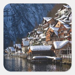 Wooden lakeside houses in Hallstatt, Austria Square Sticker