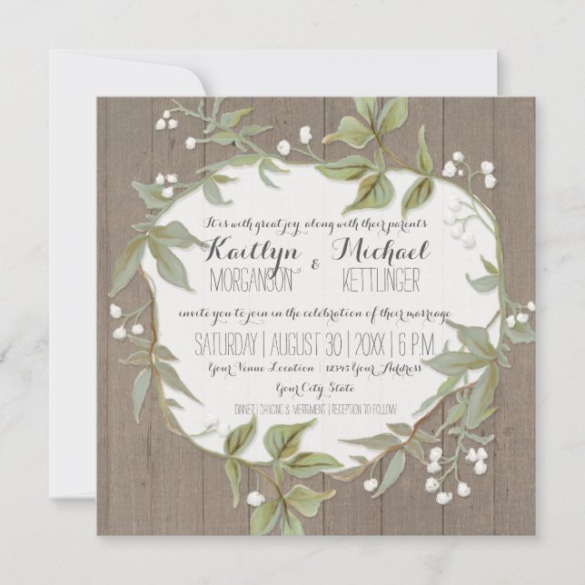 Wooden Laurel Leaf Foliage w Babys Breath Wreath Invitation (Front)