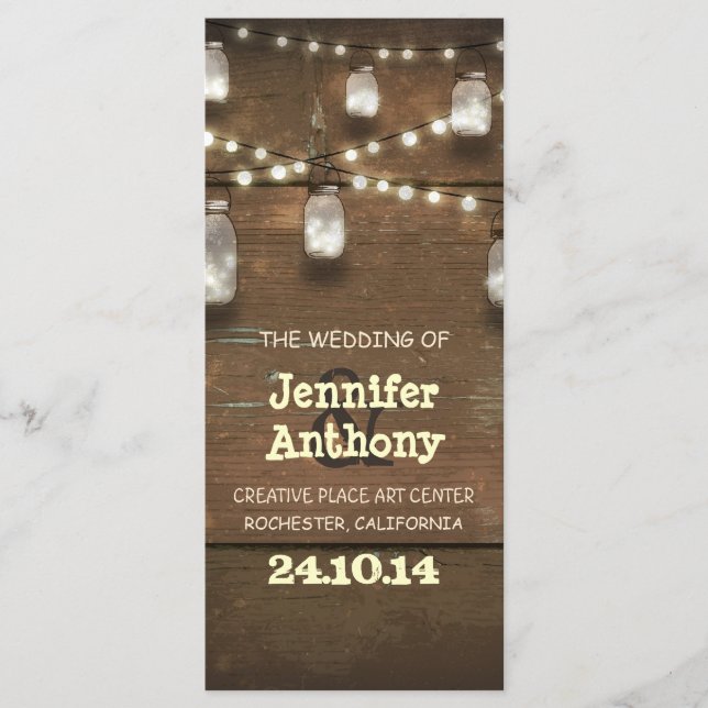 Wooden lights mason jars rustic wedding programs programme (Front)