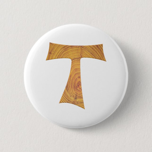 Wooden Look Franciscan Tau Cross 6 Cm Round Badge (Front)