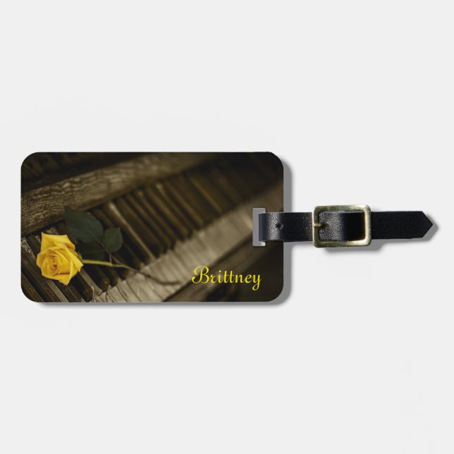 Wooden Piano with Yellow Rose Luggage Tag (Front Horizontal)