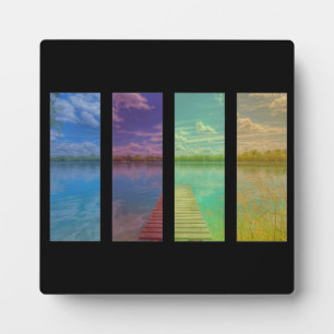 Wooden Pier over a Calm Lake Landscape Quadtrych Plaque