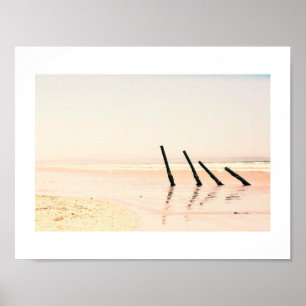 Wooden Piles Old Pier Beach Ocean Sea Poster