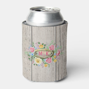 Wooden Planks with Fancy Dual Monogram Can Cooler