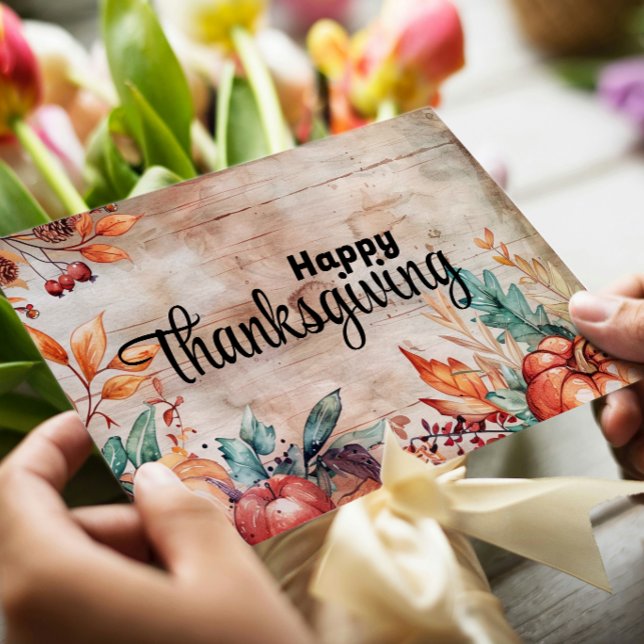 Wooden Pumpkins and Leaves Happy Thanksgiving Holiday Card (Creator Uploaded)