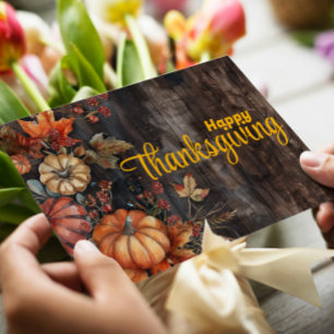 Wooden Pumpkins and Leaves Happy Thanksgiving Holiday Card