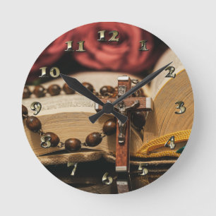 Wooden Rosary with Jesus on Cross Round Clock