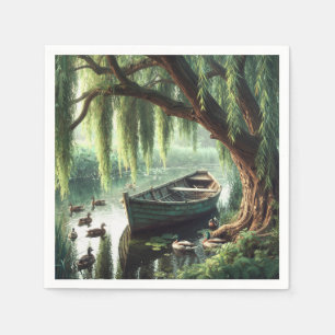 Wooden Rowboat Under a Willow Tree Napkin