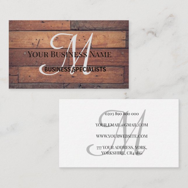 Wooden Rustic Barn Brown Monogram Script Business Card (Front/Back)