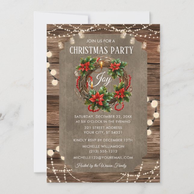 Wooden Rustic Christmas Joy wreath Party Dinner  Invitation (Front)