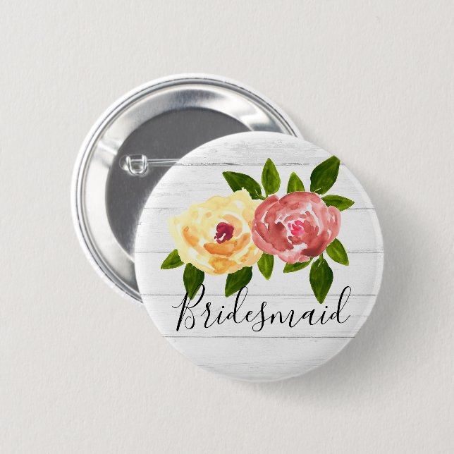 Wooden rustic floral bridesmaid gift pin button (Front & Back)