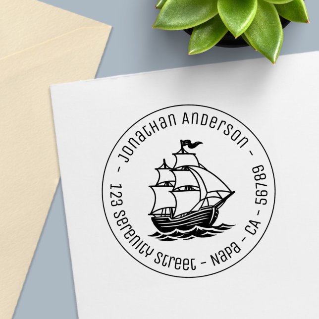Wooden Sailing Ship Galleon Sea Round Address Self-inking Stamp (Creator Uploaded)