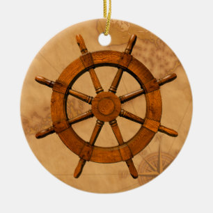 Wooden Ship Wheel Ceramic Tree Decoration