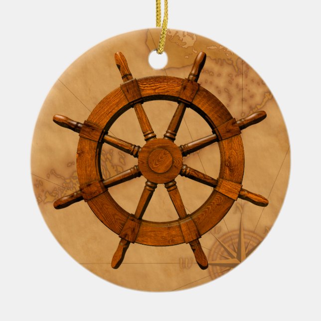 Wooden Ship Wheel Ceramic Tree Decoration (Front)