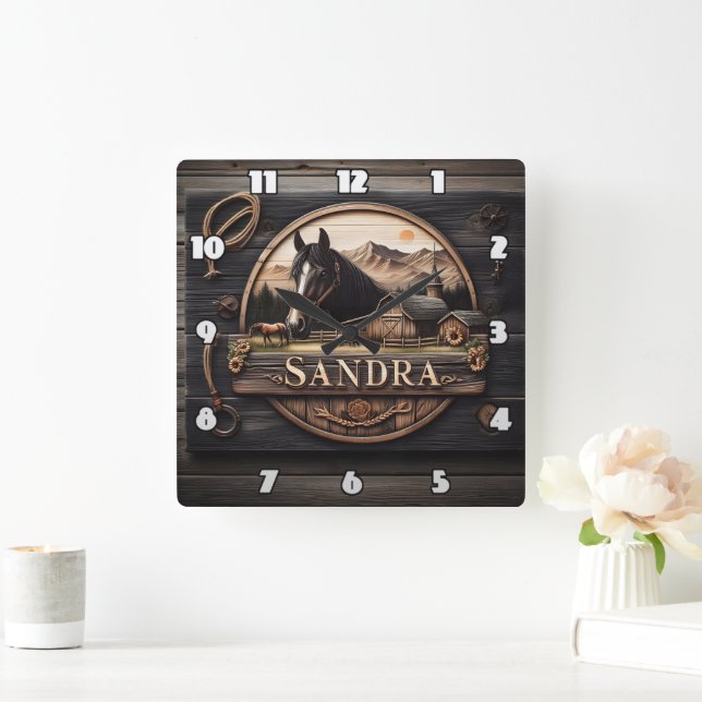 Wooden Sign Featuring Horse And Barn At Sunset Square Wall Clock (Home)