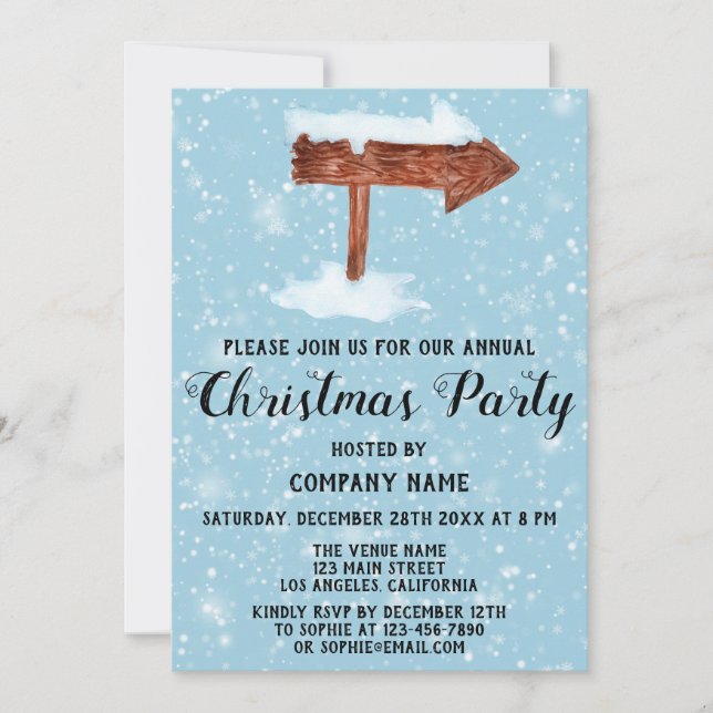Wooden Sign & Snow Company Holiday Christmas Party Invitation (Front)