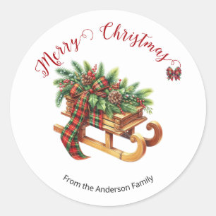 Wooden Sled Fir Branches Green & Red Plaid Classic Round Sticker