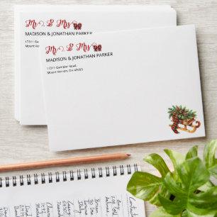 Wooden Sled Fir Branches Green & Red Plaid Envelope