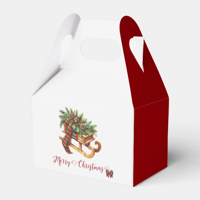 Wooden Sled Fir Branches Green & Red Plaid Favour Box (Front Side)