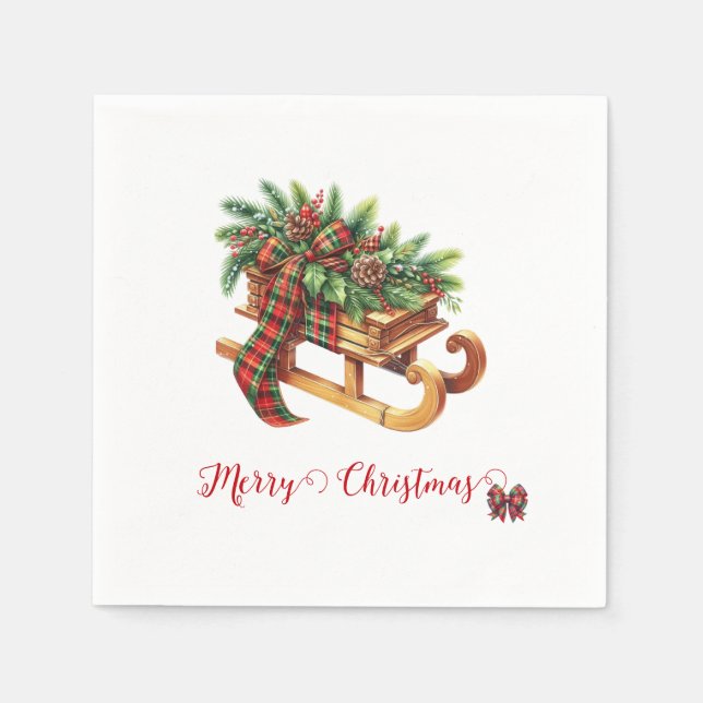 Wooden Sled Fir Branches Green & Red Plaid Napkin (Front)