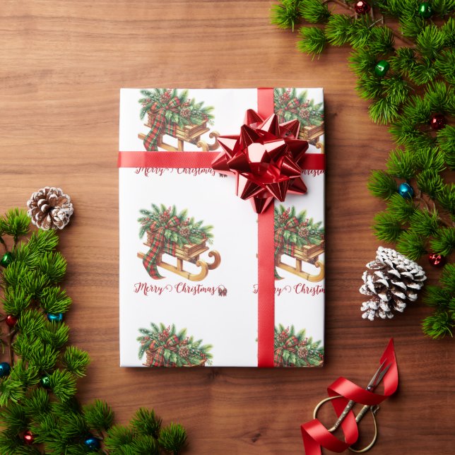 Wooden Sled Fir Branches Green & Red Plaid Wrapping Paper (Holiday Gift)