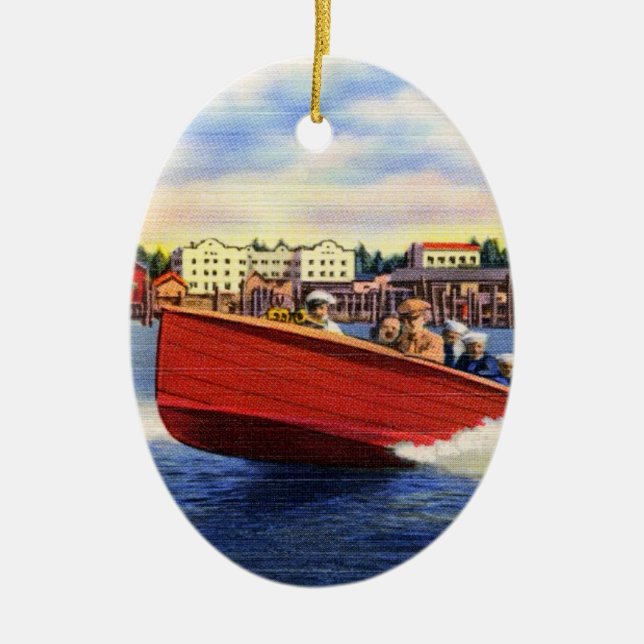 Wooden Speed Boat on Lake Coeur d'Alene, Idaho Ceramic Tree Decoration (Front)