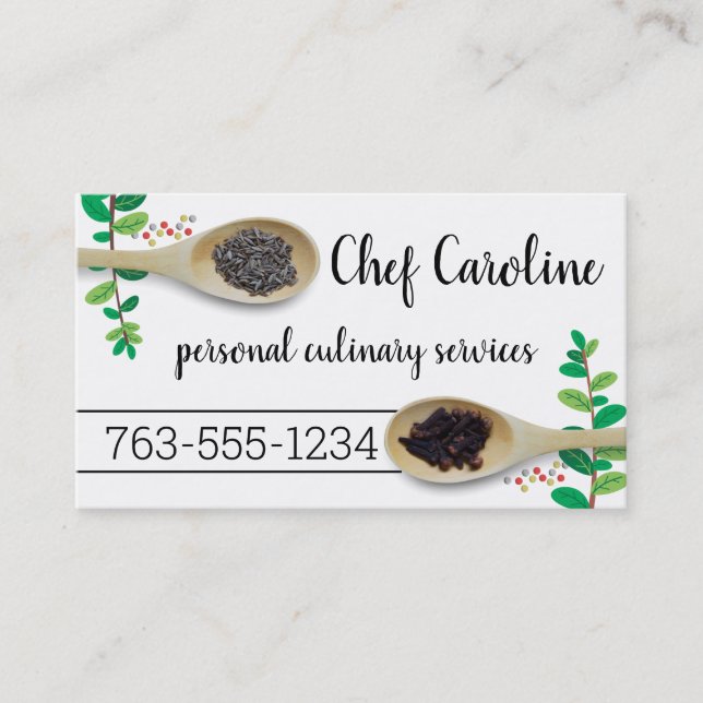 Wooden spoon herbs spices chef catering culinary business card (Front)