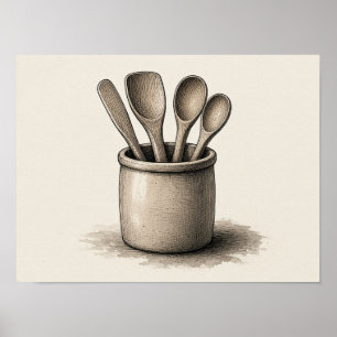 Wooden Spoons Wall Art Rustic Kitchen Poster