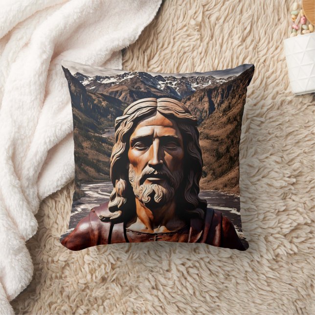 Wooden Statue of Jesus in Mountain Landscape Cushion (Blanket)