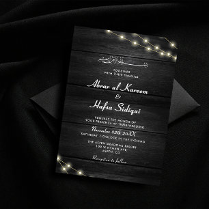 Wooden Texture Black White Muslim Wedding Monogram Invitation