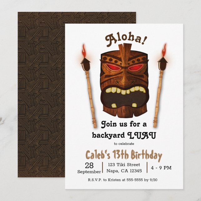 Wooden Tiki Aloha Polynesian Mask Luau Birthday Invitation (Front/Back)