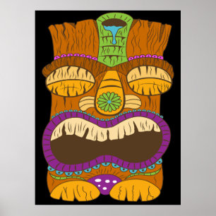 Wooden Tiki Statue with Open Mouth, Funny Black Poster