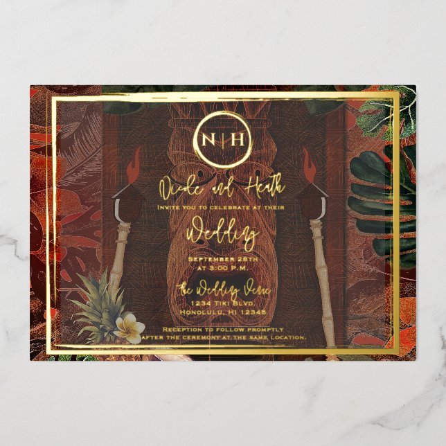 Wooden Tiki Vintage Hawaiian Wedding Photo (Front)
