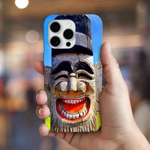 Wooden totem laughing teeth face photo bold funny iPhone 16 pro case