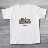 Wooden Toys with train, sailboat, and teddy bear