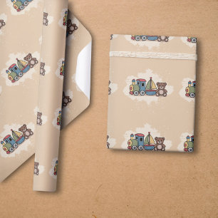 Wooden Toys with train, sailboat, and teddy bear Wrapping Paper