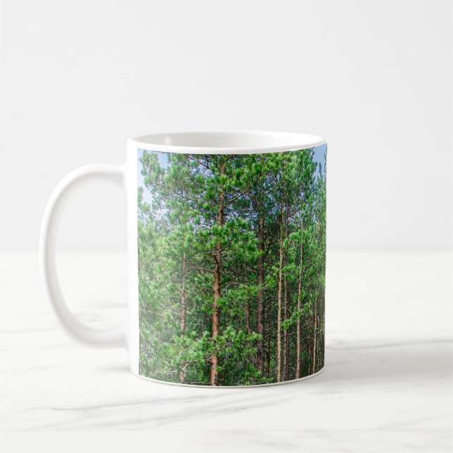 Wooden trail in pine forest coffee mug (Left)
