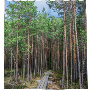 Wooden trail in pine forest shower curtain